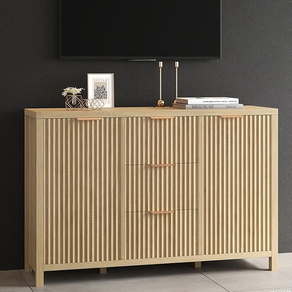 Marrber Oak Fluted Door 2 Door 3 Drawer Durable Sideboard Buffet Cabinet with Storage Adjustable Shelf, Console Tables, Credenzas for Living Room, Entryway Table