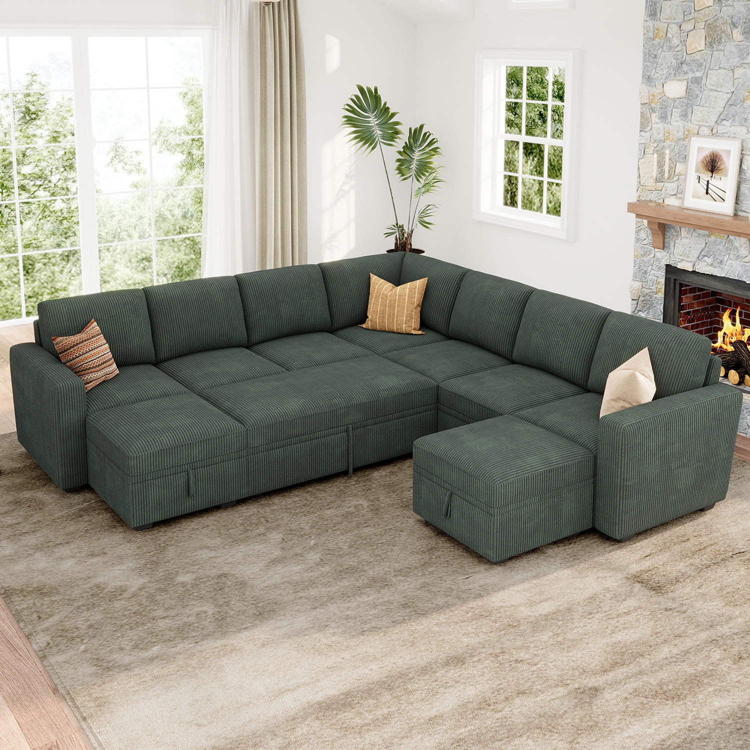 Marrber U-Shaped Sectional Sofa with Pull Out Bed and Storage, Modern