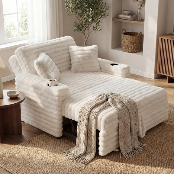 Marrber White Plush Sofa 52” 3-in-1 Convertible Pull-Out Sofa Bed Sleeper Loveseat with Reclining Backrest, Built-in Cup Holders, Corduroy Upholstered Sofa for Small Space