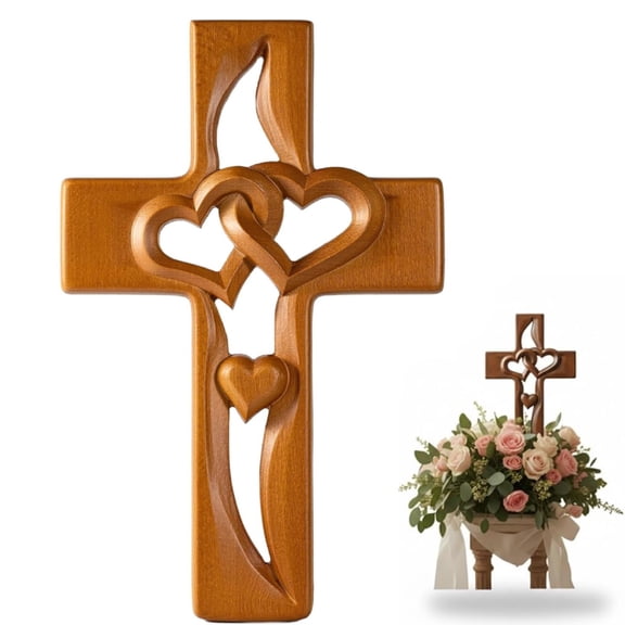 Marriage Cross for Wall, Hand-Carved Intertwined Hearts Wooden Cross, Vintage Cross Wall Decor for Wedding Valentine Christmas Gift (Natural)