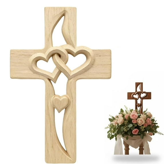 Marriage Cross for Wall, Hand-Carved Intertwined Hearts Wooden Cross, Vintage Cross Wall Decor for Wedding Valentine Christmas Gift (Off-white)