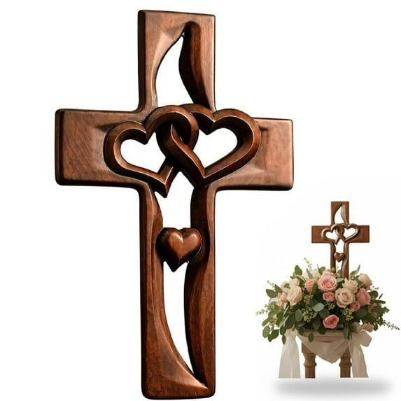 Marriage Cross for Wall, Hand-Carved Intertwined Hearts Wooden Cross, Vintage Cross Wall Decor for Wedding Valentine Christmas Gift (Retro)