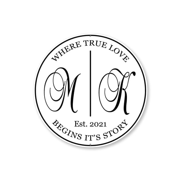 Marriage Date Initials Aluminum Metal Decor Sign - 12" Round