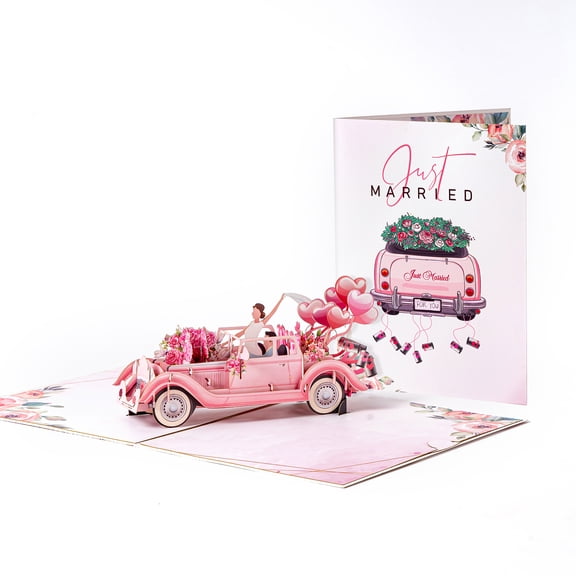 Married 3D Pop Up Wedding Card , Congratulation Cards with Vintage Car and Floral ,Invitation Card for Valentines Day Engagement Marriage Anniversary Bridal Shower Newlyweds with Envelope Pink