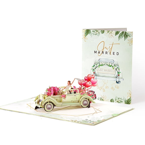 Married 3D Pop Up Wedding Card , Congratulation Cards with Vintage Car and Floral ,Invitation Card for Valentines Day Engagement Marriage Anniversary Bridal Shower Newlyweds with Envelope Green