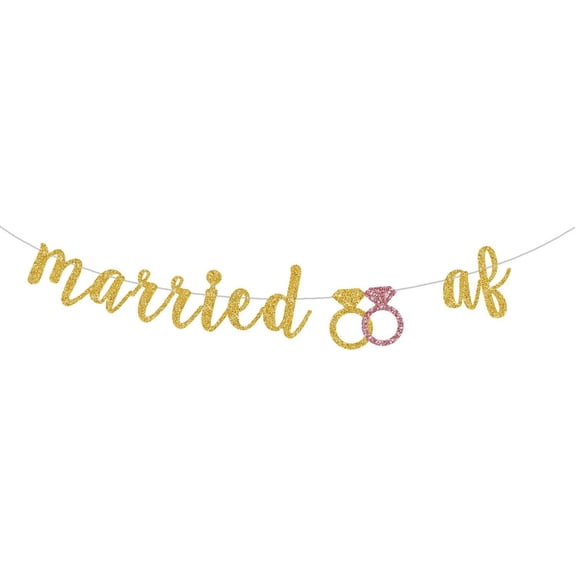 Married Af Banner, Gold Glittered Paper Sign For Funny Wedding Party Supplies Bunting Decorations