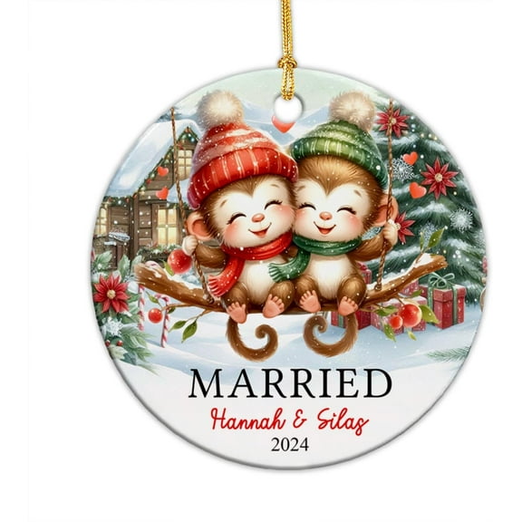 Married Ornament for Christmas, Personalized Newlywed Ornament Christmas with Name, Marriage Anniversary Ornament Gift for Bride Groom, Monkey Couple Ornament, Couple Ceramic Ornament P8b5OH