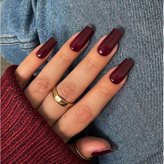 Marron Red Press on Nails Long Medium Square, Burgundy Red Fake Nails Medium Coffin, Glossy Opaque Color Acrylic Nails Press ons, Reusable Dark Soft Gel Glue on Nails for Women Fall Winter