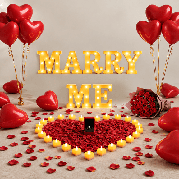 Marry Me Light Up Letter Proposal Decoration Kit with Rose Petals, Candles and Balloons