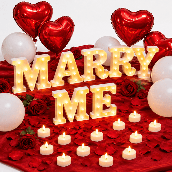 Marry Me Rings Marry Me Light Up Letters With 30 Tea Lights Candles Rose Petals ...