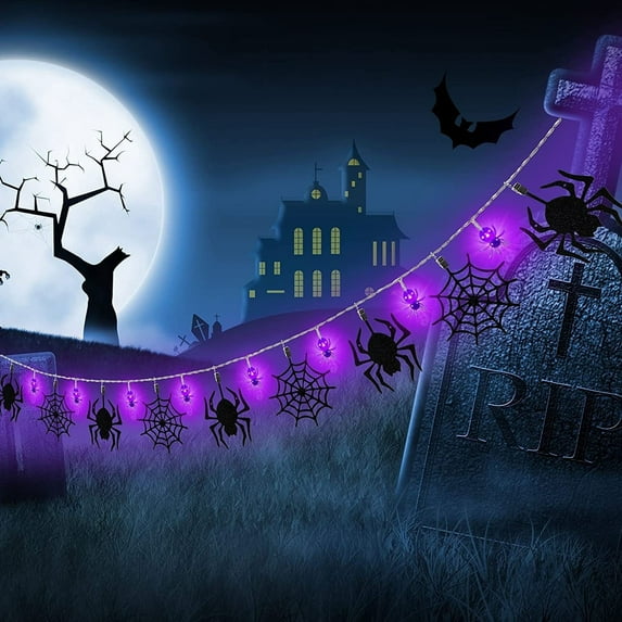 Marryso Halloween Spider Web String Lights with LED Spider Decorations - 1.5m Purple Light Garland for Indoor Outdoor Party Decor, Spooky Halloween Decoration Props