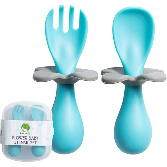 Mars Baby Flower Design Baby and Toddler Self-Feeding Training Utensils - Easy to Hold and Use Led Weaning, Protective Choke Barrier - Blue