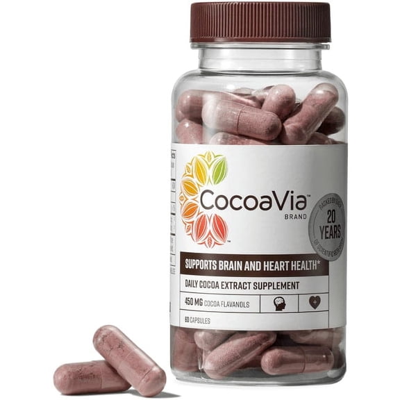 CocoaVia Cocoa Flavanols 500mg Heart & Brain Support Supplement, 60 Capsules