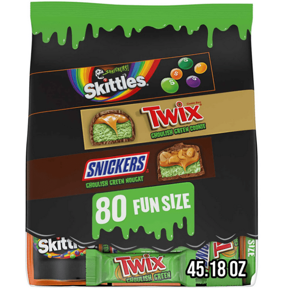 Mars Ghoulish Green Halloween Candy Variety Pack, Fun Size, 80 Pieces | M&M’s, Snickers, Twix & More