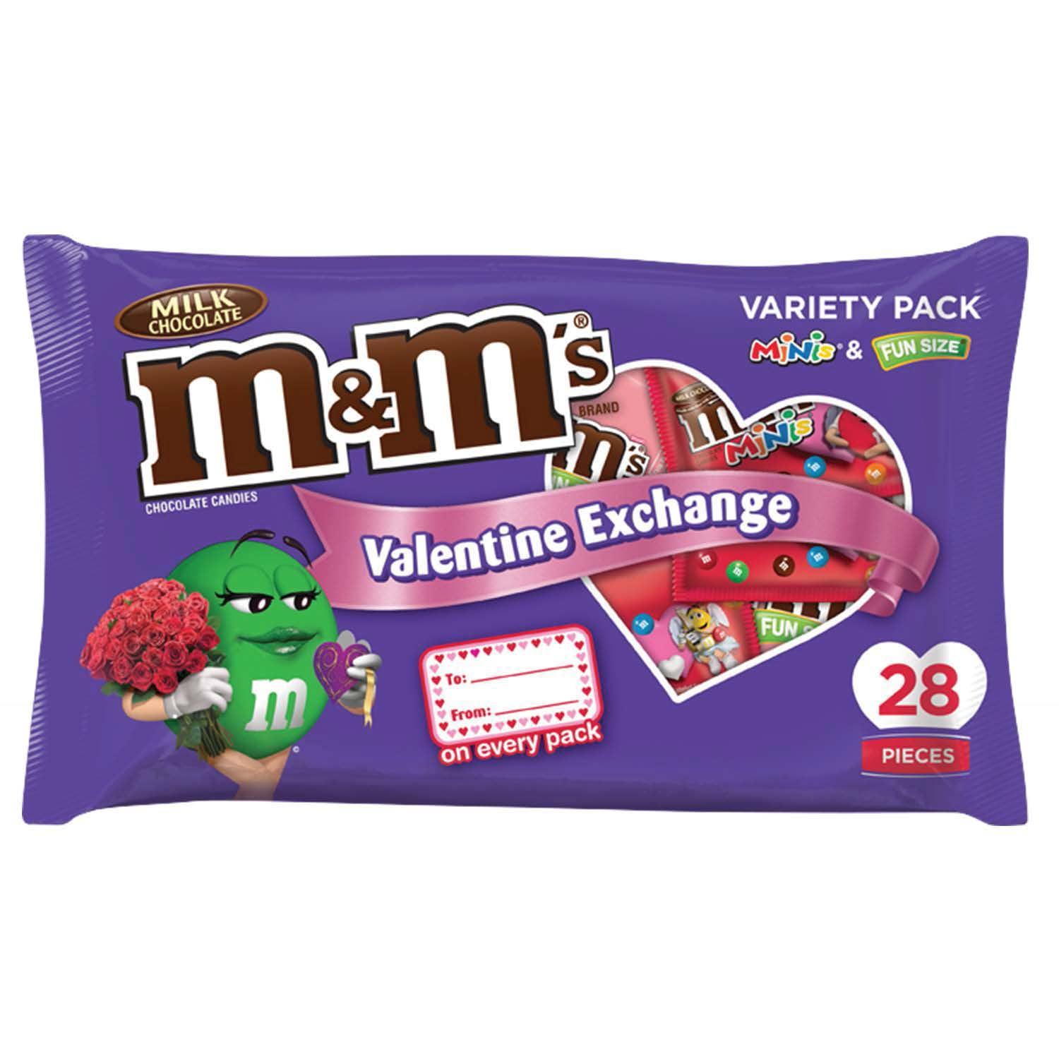 M&M's Milk Chocolate Fun Size Candies Valentine Exchange Bag, 27