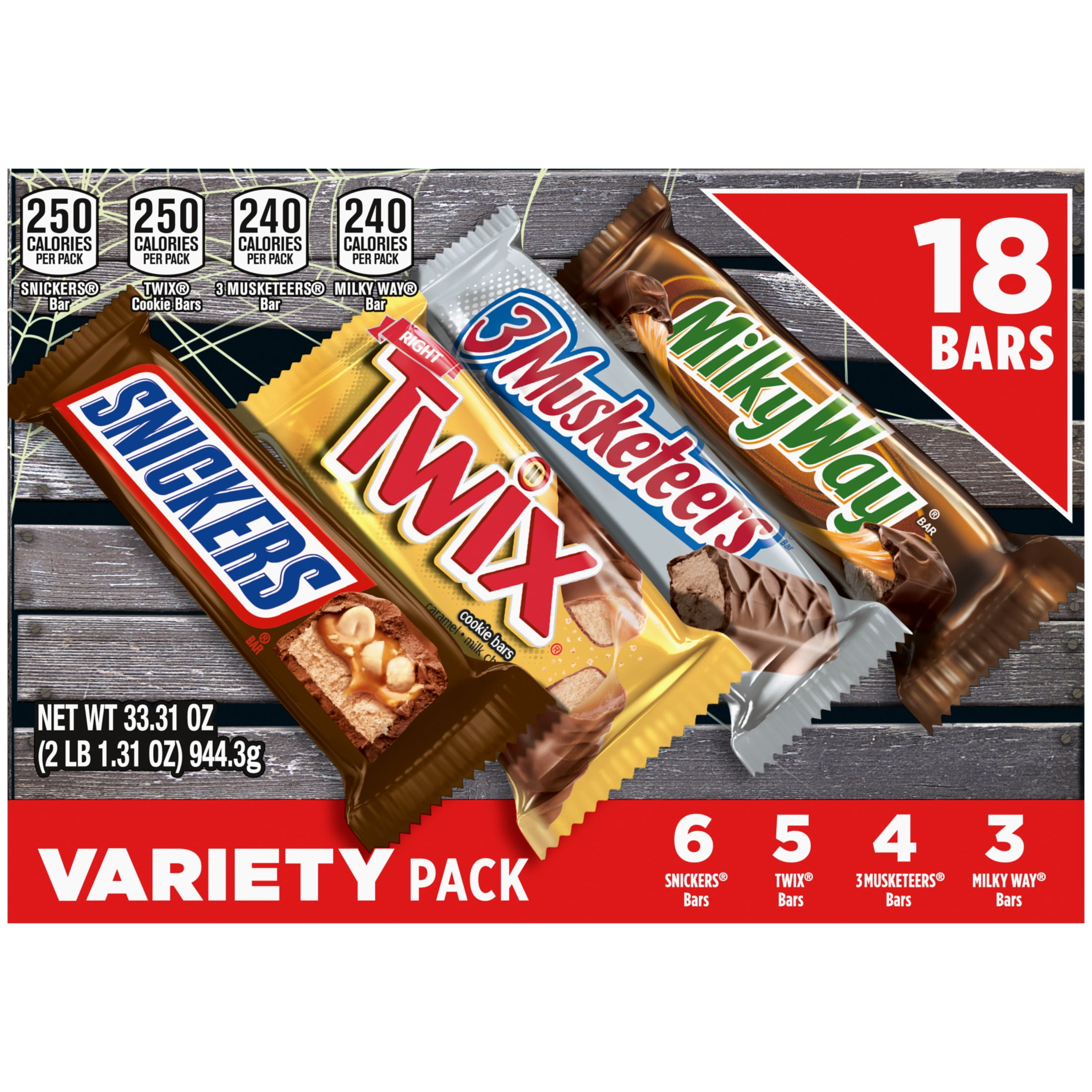 Snickers, Twix, Milky Way & 3 Musketeers Variety pack Halloween Milk Chocolate Candy Bars -18 Count Box