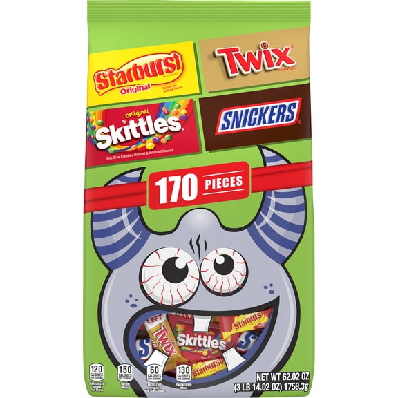 Snickers, Twix, Skittles & Starburst Variety Pack Halloween Candy, 62.02oz/170 Piece Bag
