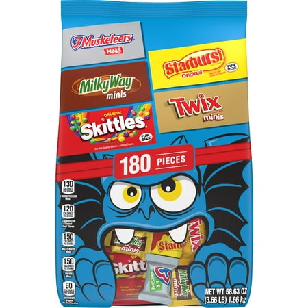 SKITTLES, TWIX, STARBURST, MILKY WAY & 3 MUSKETEERS Assorted Chocolate Candy Variety Pack, 180 Ct Bulk Halloween Candy Bag
