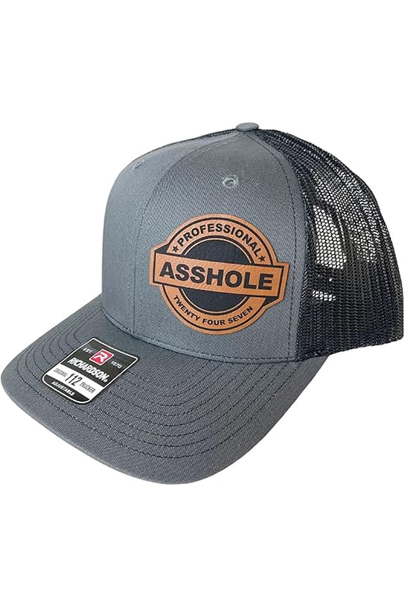 Professional Ahole Funny Trucker hat, Vegan Leather Patch, Richardson 112 hat, Laser Engraved hat (Cotton Blend, Charcoal/Black)