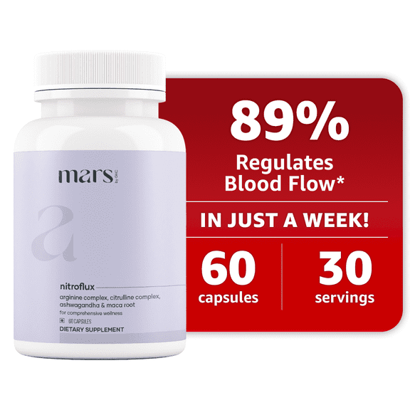 Mars by ghc Nitroflux Capsules, Nitric Oxide Booster with Ashwagandha and Maca Root, Ashwagandha Capsules for Energy, Circulation & Stamina Support (60 Capsules)