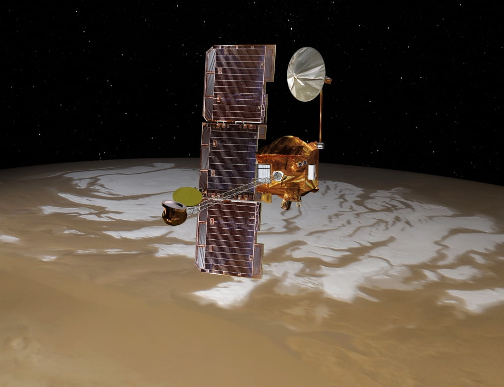 Mars Odyssey spacecraft passes above Mars south pole Canvas Art - Stocktrek Images (32 x 25)