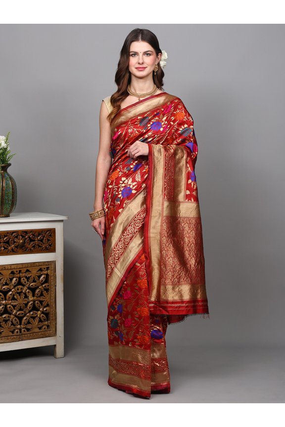 Mars-Red Banarasi Saree with All-Over Zari Woven Roses and Paisley Vine Border