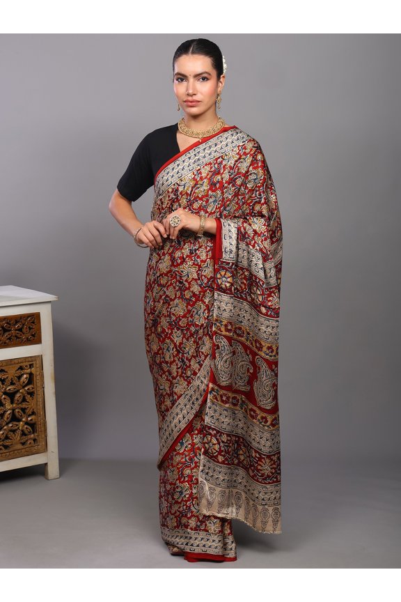 Mars-Red Kalamkari Saree with Printed Phool Bail All-Over from Telangana