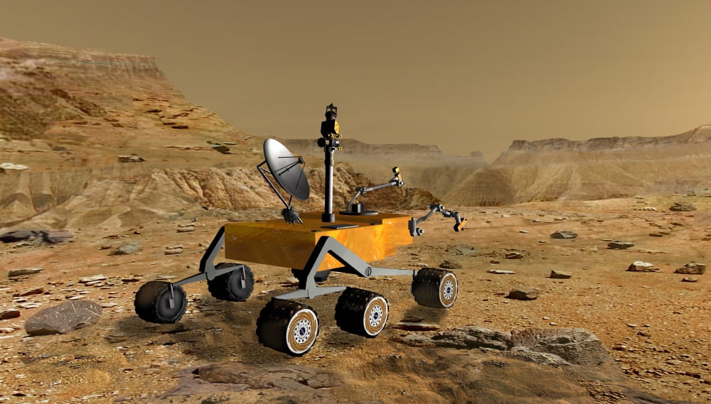 Mars Science Laboratory travels near a canyon on Mars Canvas Art - Stocktrek Images (37 x 21)