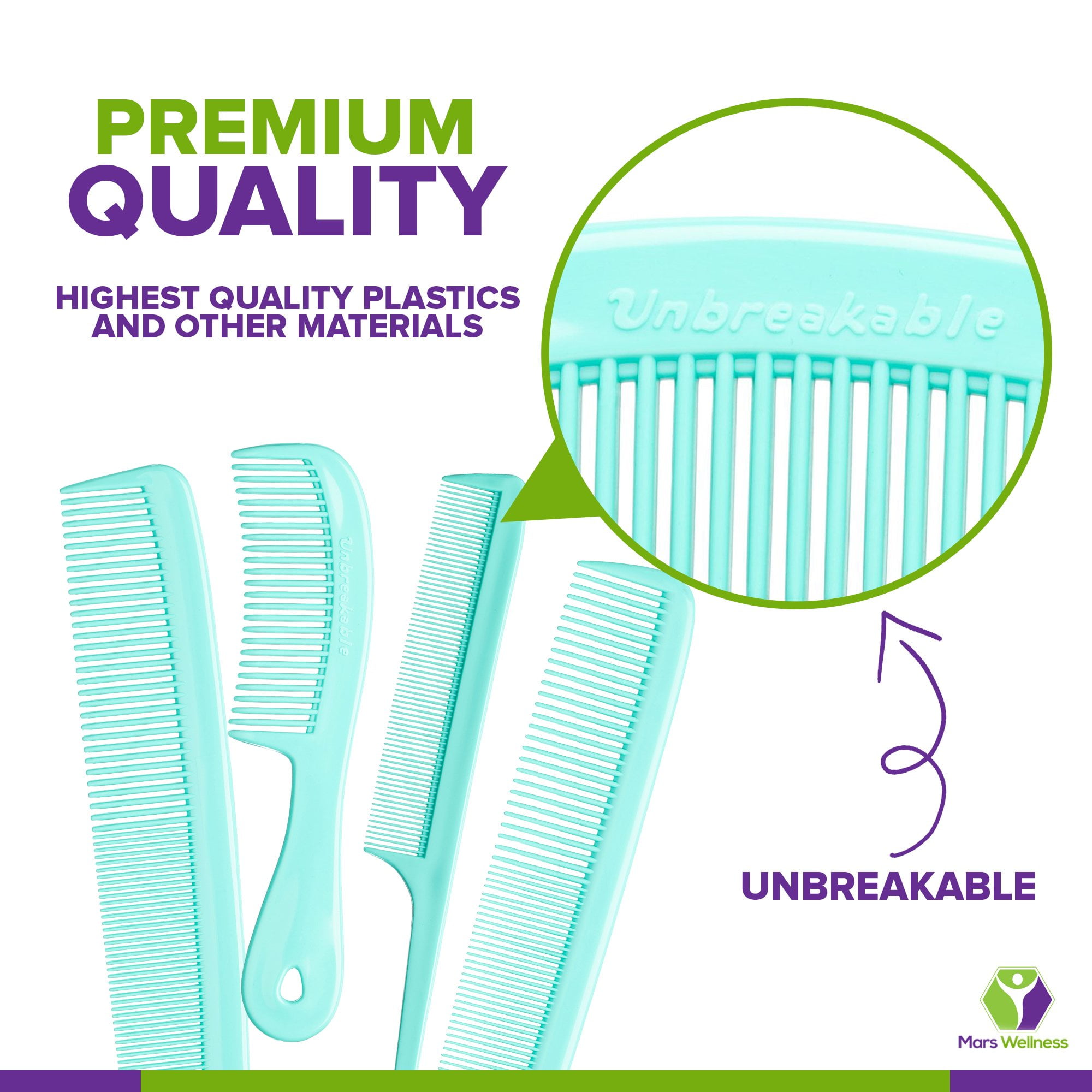 Mars Wellness 4 Piece Professional Comb Set Green USA MADE Fine Pro