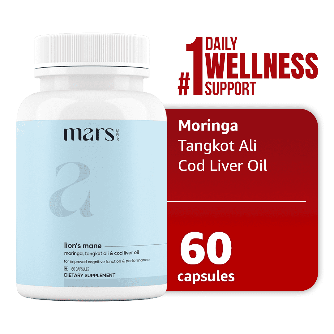 Mars by GHC Lion’s Mane Capsules with Moringa, Tongkat Ali & Cod Liver Oil, Mushroom Supplement for Focus, Memory & Brain Health Support, Pac of 1