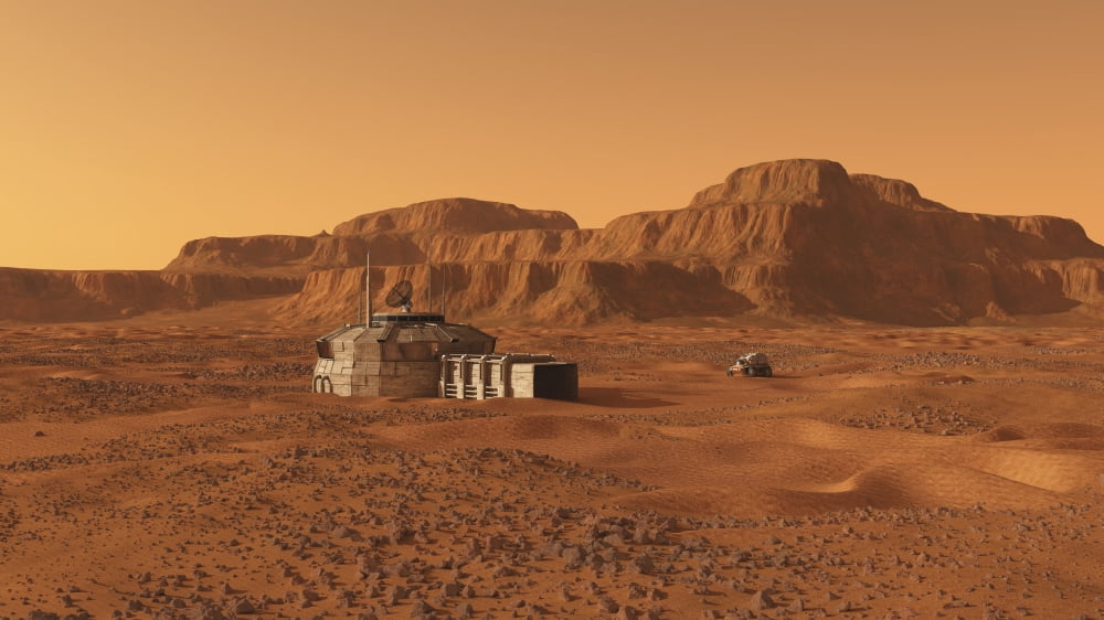 Mars outpost near mesa Canvas Art - Walter MyersStocktrek Images (19 x 11)