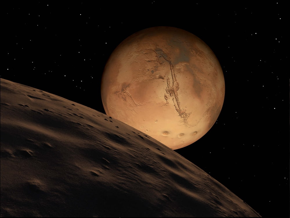 Mars seen from its outer moon Deimos Canvas Art - Ron MillerStocktrek Images (33 x 25)