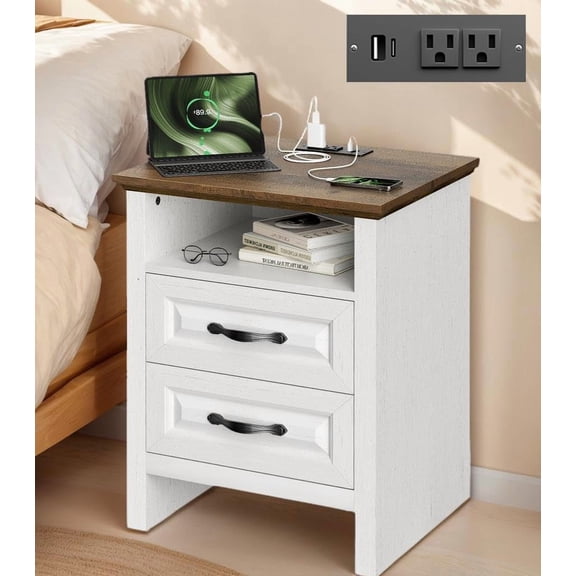 Marsail Farmhouse Nightstand with Charging Station, Bedside Table with 2 Drawers Storage and Open Shelf, Bedside Cabinet for Bedroom, Rustic Side Table, Two-Tone Finish