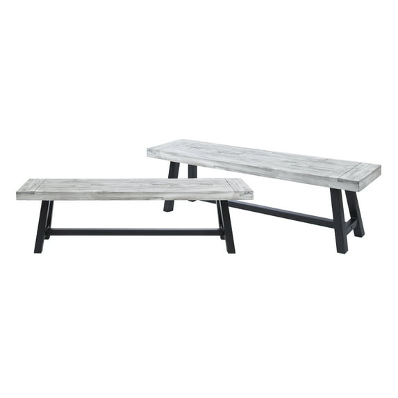 Marseille Acacia Wood Outdoor Benches, Set of 2, Sandblasted Light Gray and Black