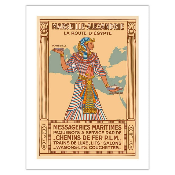 Marseille to Alexandria - The Route to Egypt - PLM Railway - Messageries Maritimes Ships - Vintage Travel Poster by J. Daviel c.1927 - Bamboo Fine Art 290gsm Paper (Unframed) 12x16in