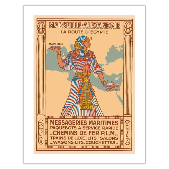 Marseille to Alexandria - The Route to Egypt - PLM Railway - Messageries Maritimes Ships - Vintage Travel Poster by J. Daviel c.1927 - Bamboo Fine Art 290gsm Paper (Unframed) 17x22in