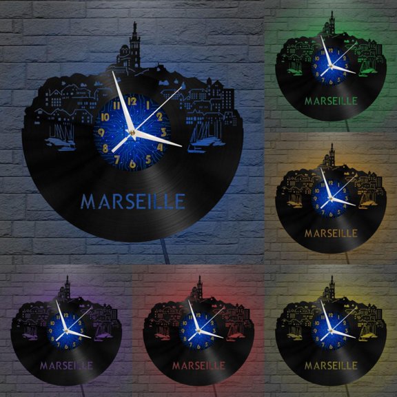 Marseille City View 12 Inch Vinyl Record Wall Clock - Silent, Creative, and Unique Clock for Living Room, Entryway, or Bedroom Decor - Perfect Gift Idea(12 inchs B with LED)