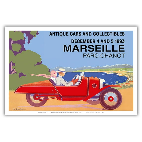 Marseille France - Antique Cars and Collectibles - Le Parc Chanot Center - Cyclecar Morgan - Vintage Advertising Poster by Léo Bouillon c.1993 - Master Art Print (Unframed) 12in x 18in