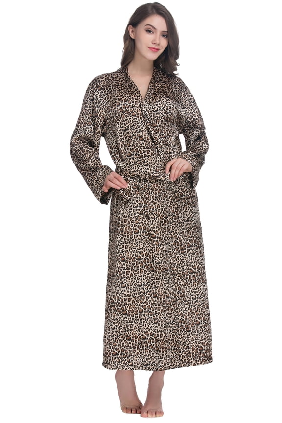 Women's Long Classic Satin Kimono Lounge Robe(Leopard,Medium)