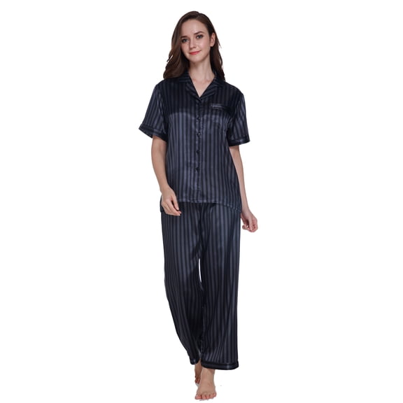 Marsgoo Women's Short Sleeve Classic Satin Pajama Set - Soft Silky Sleepwear for Women, Comfortable & Stylish(Black Gray Stripe, X-Large)