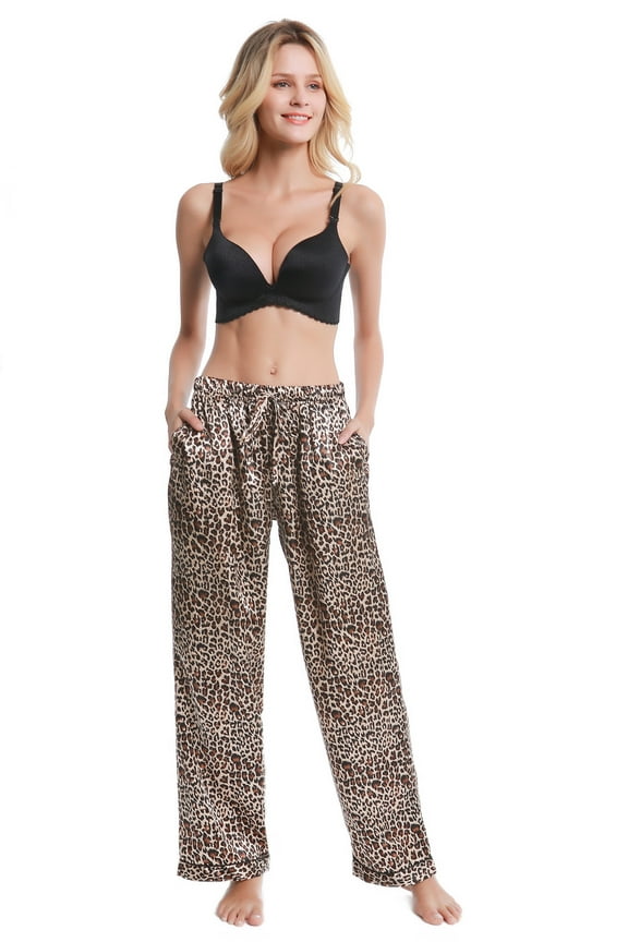 Women’s Silk Satin Pajama Pants, Long Sleep Pants with Drawstring (Leopard, Large)