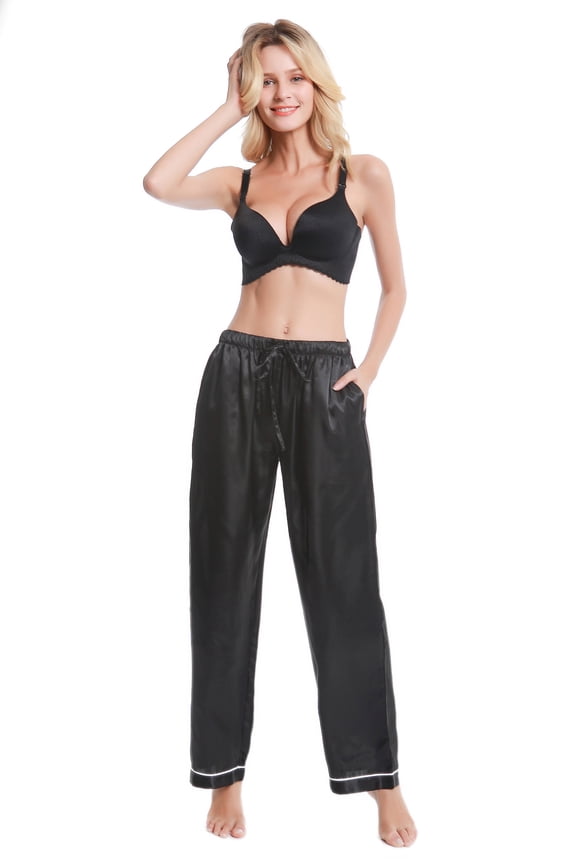 Women's Silk Satin Pajama Pants, Long Sleep Pants with Drawstring(Solid Black,X-Large)