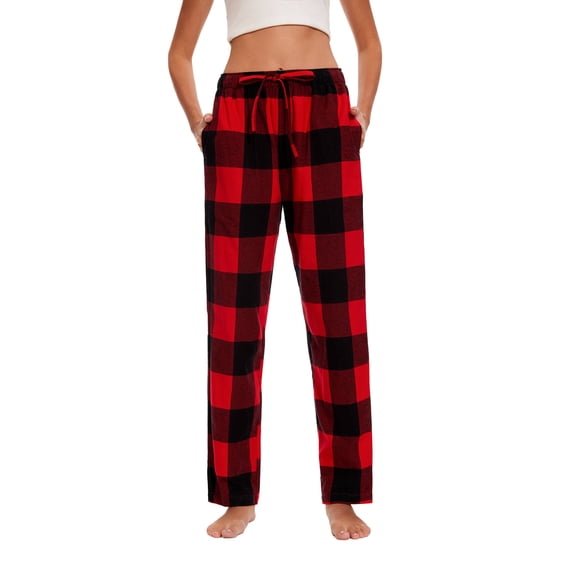 Marsgoo Women’s Soft Woven Cotton Pajama Pants, Long Pajama Bottoms with Drawstring and Pockets(Garnet Black Plaid,Large)