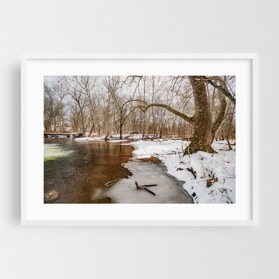 Marsh Creek, Gettysburg PA in Winter - Gettysburg Pennsylvania Photography Winter Snow Landscape Nature Scenic Woodland Wilderness White Framed Wall Art Print 5 x 7 inches