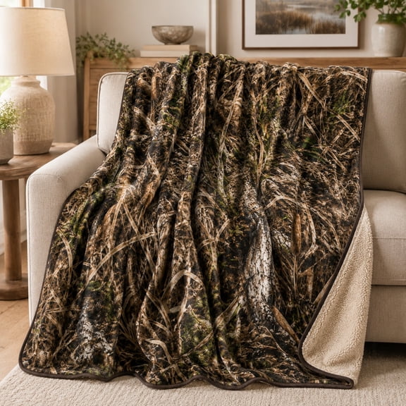 Marsh Grass Camo Fleece Blanket, Soft Sherpa-Backed Throw for Couch, Reeds Wildlife Camouflage Design