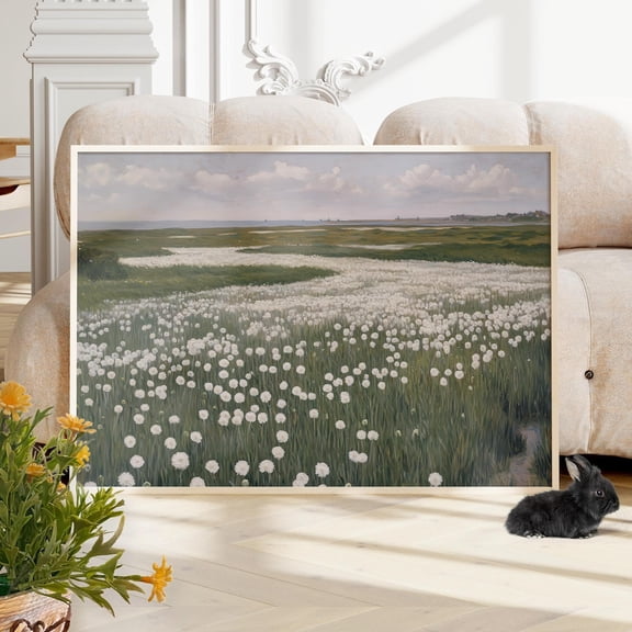 Marsh White Flowers Landscape Wall Art, Vintage Meadow Decor, Unframed Paper Print Size 8x12