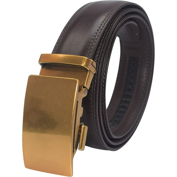 Marshal Belt Men, Ratchet Belt Dress Genuine Leather, Jeans Belt with Easier Slide Buckle, Adjustable Trim to Fit Brown-Gold