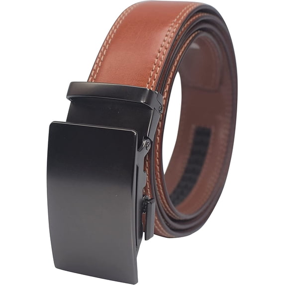 Marshal Belt Men, Ratchet Belt Dress Genuine Leather, Jeans Belt with Easier Slide Buckle, Adjustable Trim to Fit Tan-Silver