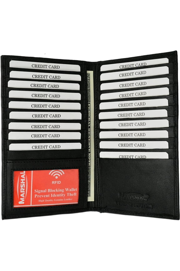Marshal Bifold Leather RFID Blocking Wallet For Men & Women Genuine Leather Holder With 19 Slots, 2 Bill Compartments & ID Window For Credit/Debit Cards, Money & More Black
