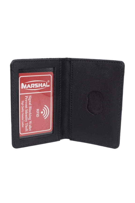 Family Member Badge Leather ID Wallet Case Shield Shape Black